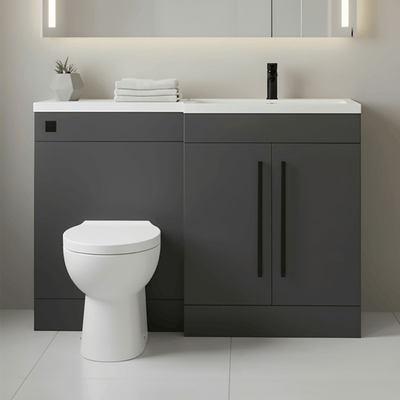 Matt Grey (RH) Combination Basin WC Unit & Bilo BTW Toilet 1100mm Black Handles & Square Flush Plate