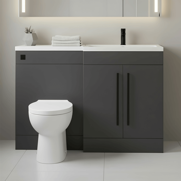 Matt Grey (RH) Combination Basin WC Unit & Bilo BTW Toilet 1100mm Black Handles & Square Flush Plate