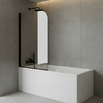 1500x700mm Bath with Hinged Radius Curved Matt Black Shower Bath Screen 1400x780mm