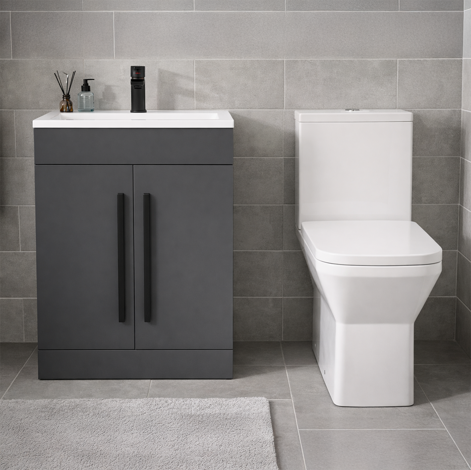 Elite Close Coupled Toilet & 600mm Grey Vanity Black Handles