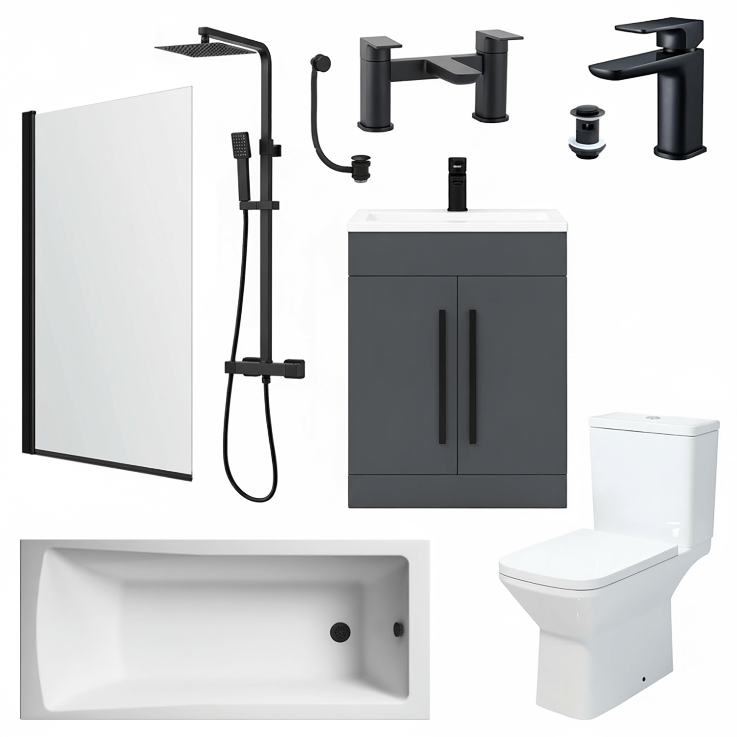 Bathroom Suite Rectangular Bath & Shower, Matt Black Straight Screen, Toilet, Grey Vanity & Taps