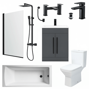 Bathroom Suite Rectangular Bath & Shower, Matt Black Straight Screen, Toilet, Grey Vanity & Taps