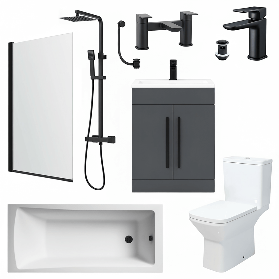 Bathroom Suite Rectangular Bath & Shower, Matt Black Straight Screen, Toilet, Grey Vanity & Taps