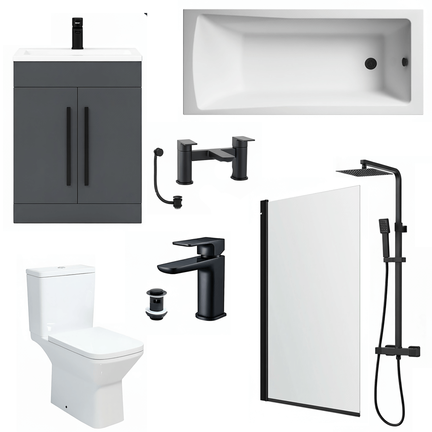 Bathroom Suite 1700mm Rectangular Bath & Shower, Matt Black Straight Screen, Toilet, Grey Vanity & Taps