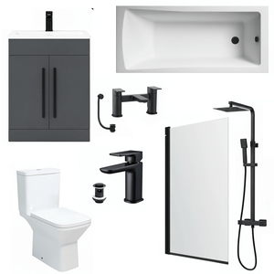 Bathroom Suite 1700mm Rectangular Bath & Shower, Matt Black Straight Screen, Toilet, Grey Vanity & Taps