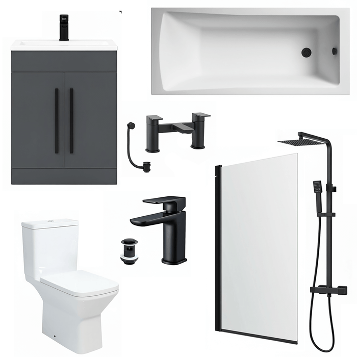 Bathroom Suite 1700mm Rectangular Bath & Shower, Matt Black Straight Screen, Toilet, Grey Vanity & Taps