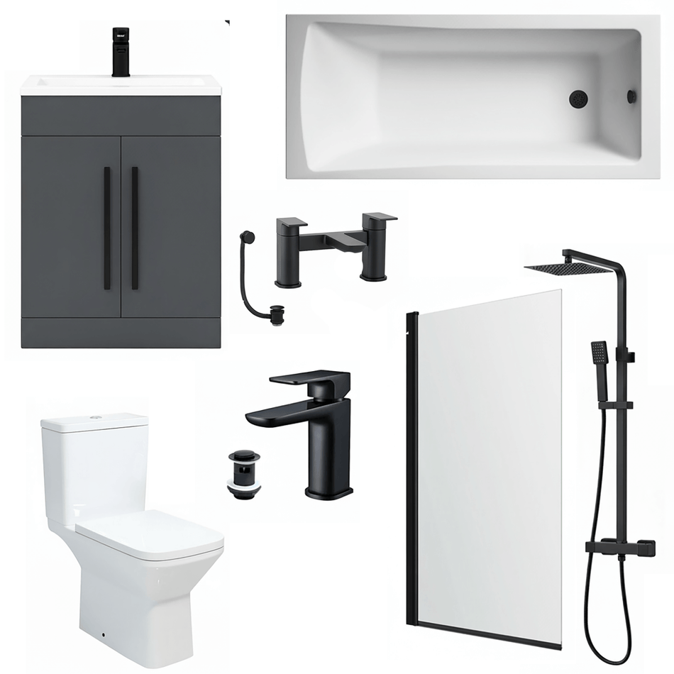 Bathroom Suite 1700mm Rectangular Bath & Shower, Matt Black Straight Screen, Toilet, Grey Vanity & Taps