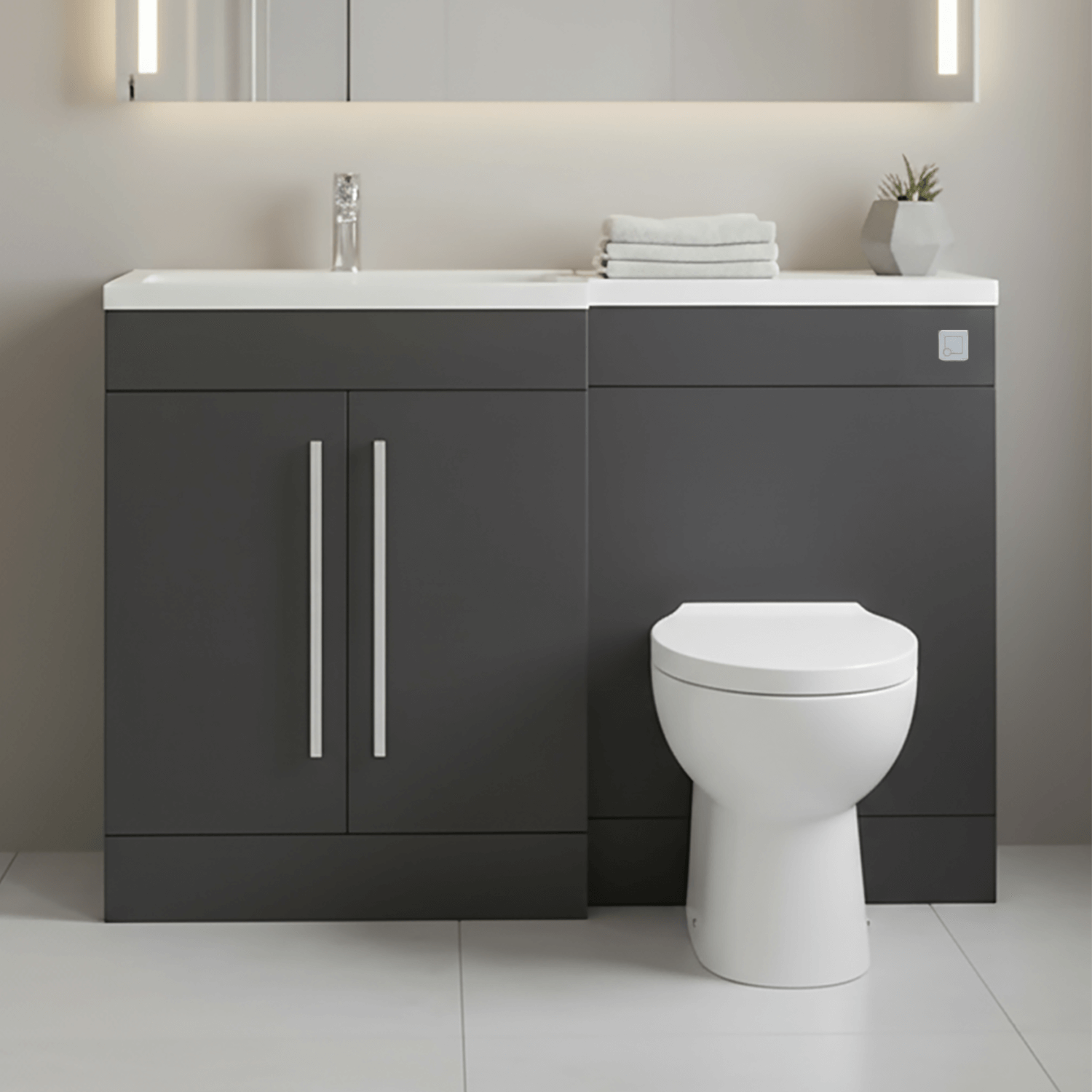 Matt Grey (LH) Combination Basin WC Unit & Bilo BTW Toilet 1100mm Chrome Handles & Square Flush Plate