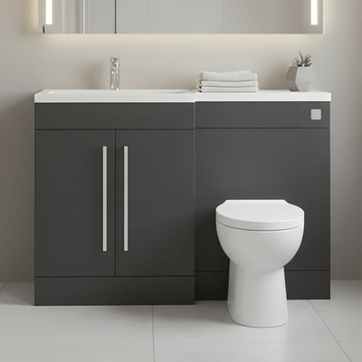 Matt Grey (LH) Combination Basin WC Unit & Bilo BTW Toilet 1100mm Chrome Handles & Square Flush Plate