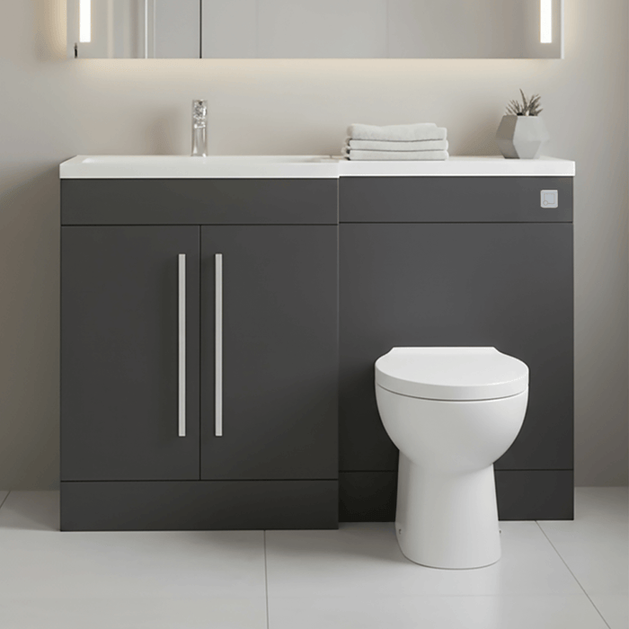 Matt Grey (LH) Combination Basin WC Unit & Bilo BTW Toilet 1100mm Chrome Handles & Square Flush Plate