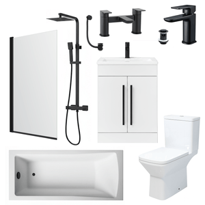 Bathroom Suite Rectangular Bath & Shower, Matt Black Straight Screen, Toilet, White Vanity & Taps