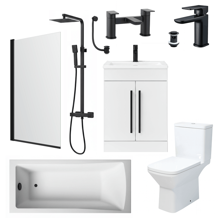 Bathroom Suite Rectangular Bath & Shower, Matt Black Straight Screen, Toilet, White Vanity & Taps