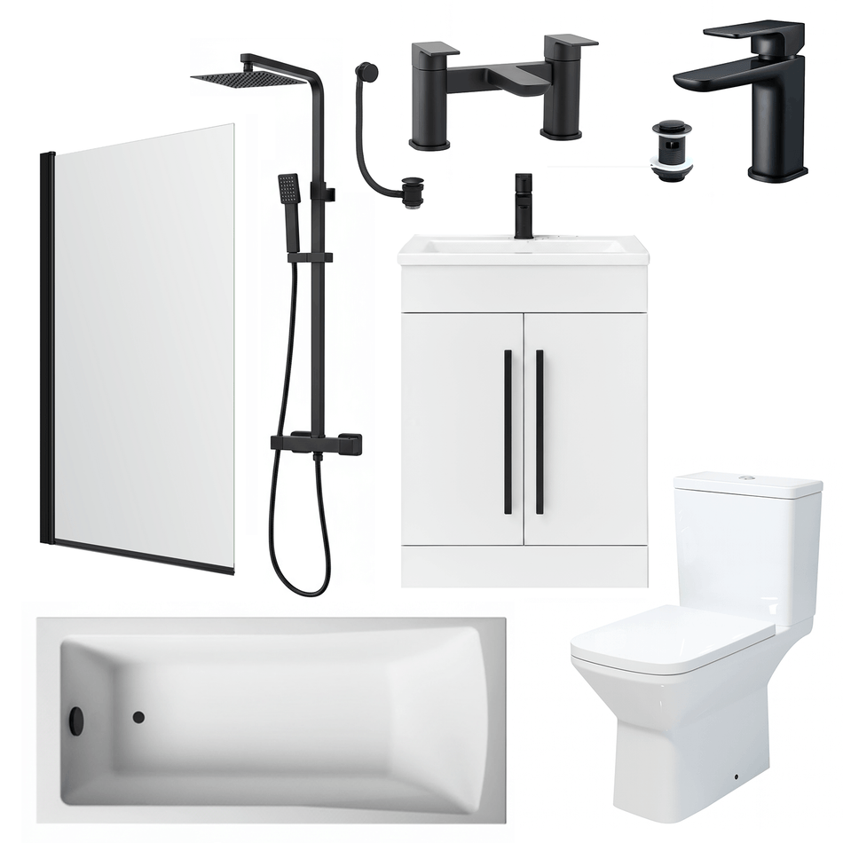 Bathroom Suite Rectangular Bath & Shower, Matt Black Straight Screen, Toilet, White Vanity & Taps