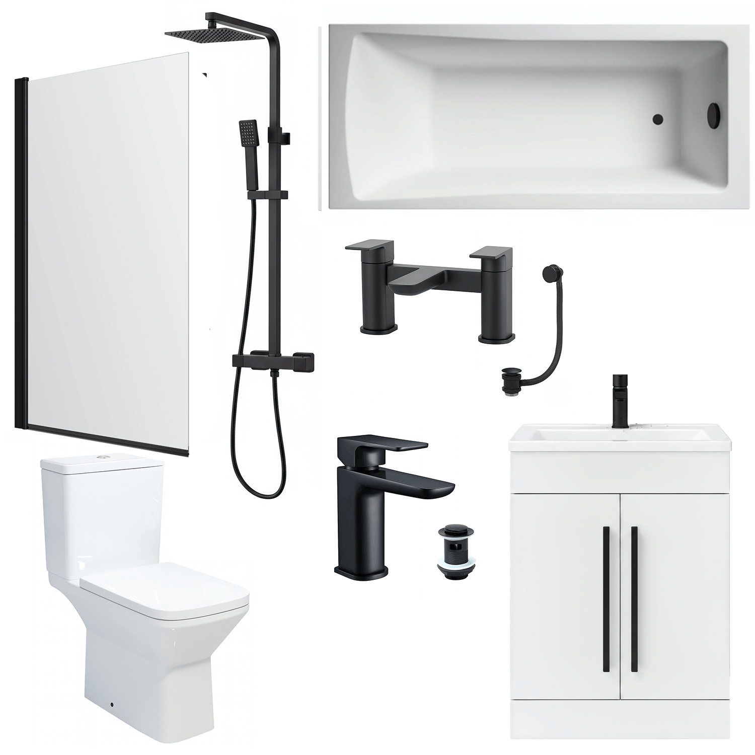 Bathroom Suite 1600mm Rectangular Bath & Shower, Matt Black Straight Screen, Toilet, White Vanity & Taps