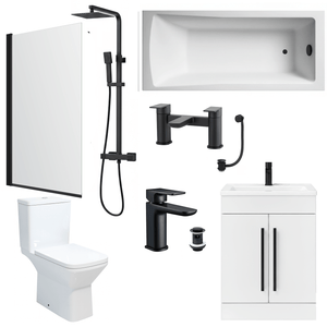 Bathroom Suite 1600mm Rectangular Bath & Shower, Matt Black Straight Screen, Toilet, White Vanity & Taps