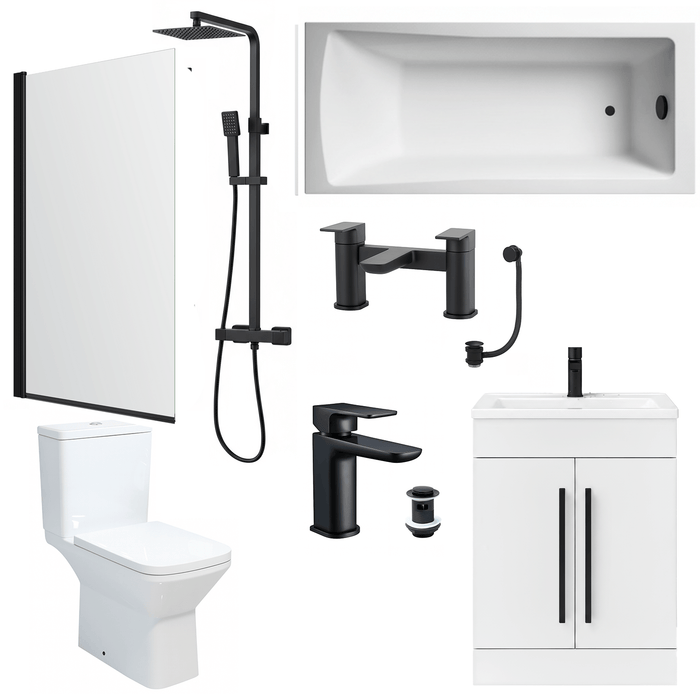 Bathroom Suite 1600mm Rectangular Bath & Shower, Matt Black Straight Screen, Toilet, White Vanity & Taps