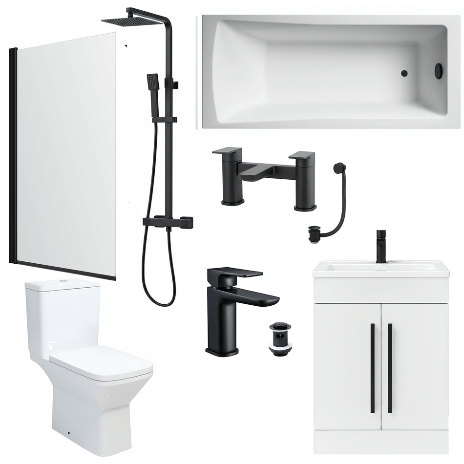 Bathroom Suite 1600mm Rectangular Bath & Shower, Matt Black Straight Screen, Toilet, White Vanity & Taps