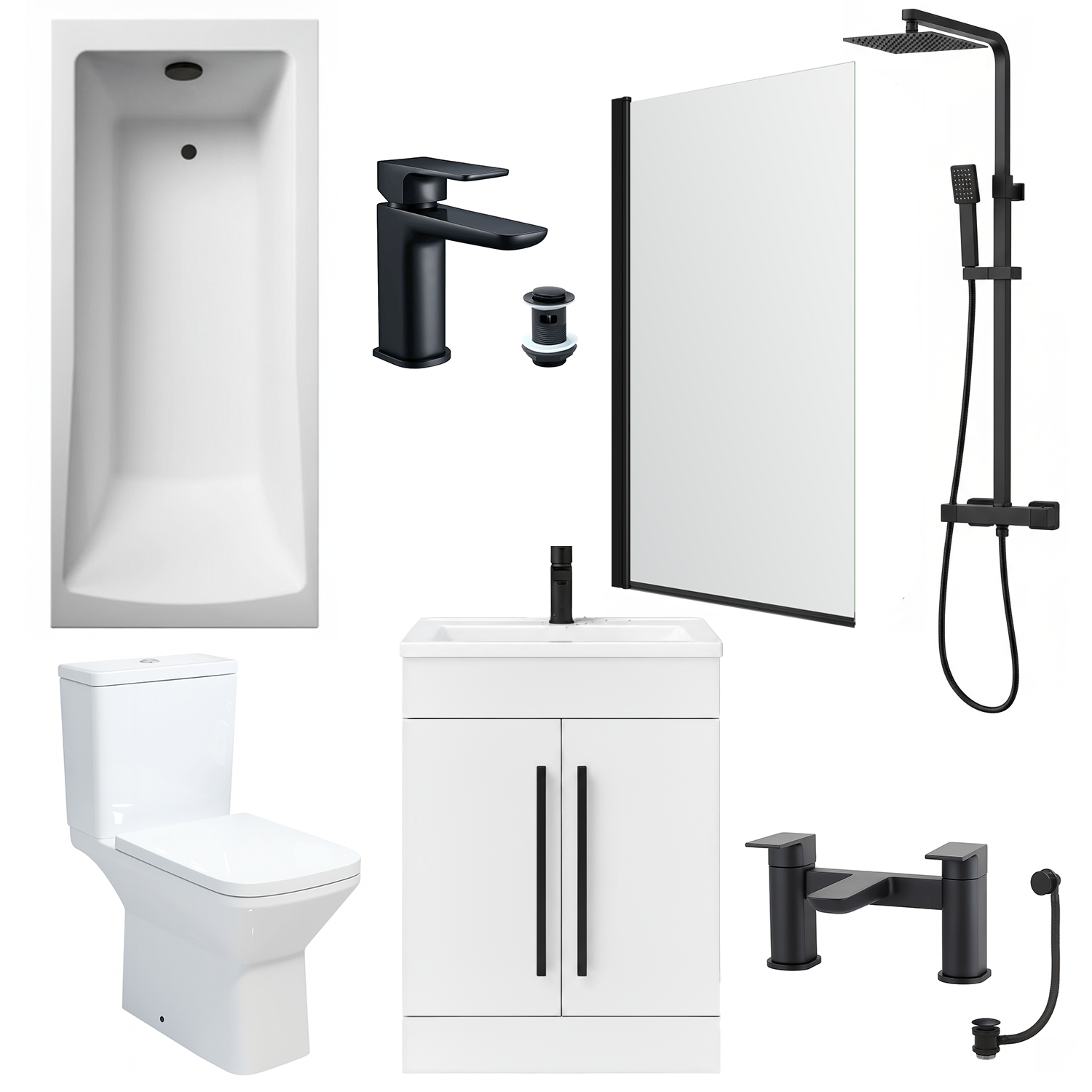 Bathroom Suite 1700mm Rectangular Bath & Shower, Matt Black Straight Screen, Toilet, White Vanity & Taps