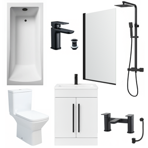 Bathroom Suite 1700mm Rectangular Bath & Shower, Matt Black Straight Screen, Toilet, White Vanity & Taps
