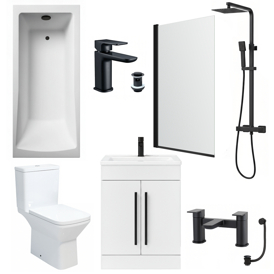 Bathroom Suite 1700mm Rectangular Bath & Shower, Matt Black Straight Screen, Toilet, White Vanity & Taps