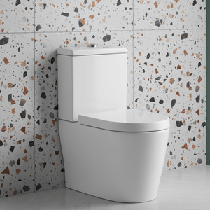 White toilet against a terrazzo-patterned wall with a green accent.