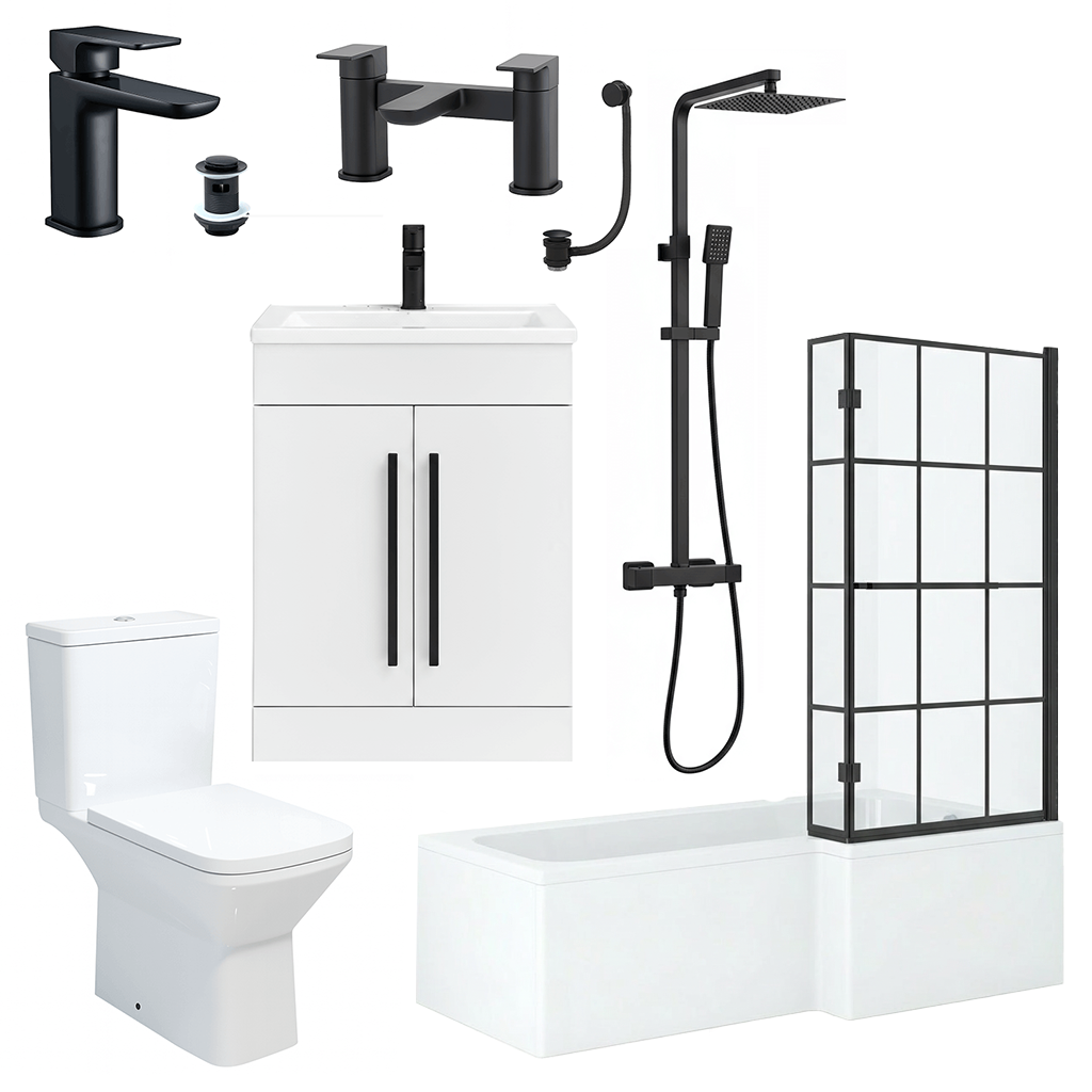 1500mm RH L-Shape Shower Bath Suite with Black Grid Screen & White Vanity