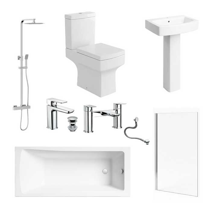 Zyon Bathroom Suite 1500mm Bathtub Chrome Shower Screen Toilet Pedestal Taps