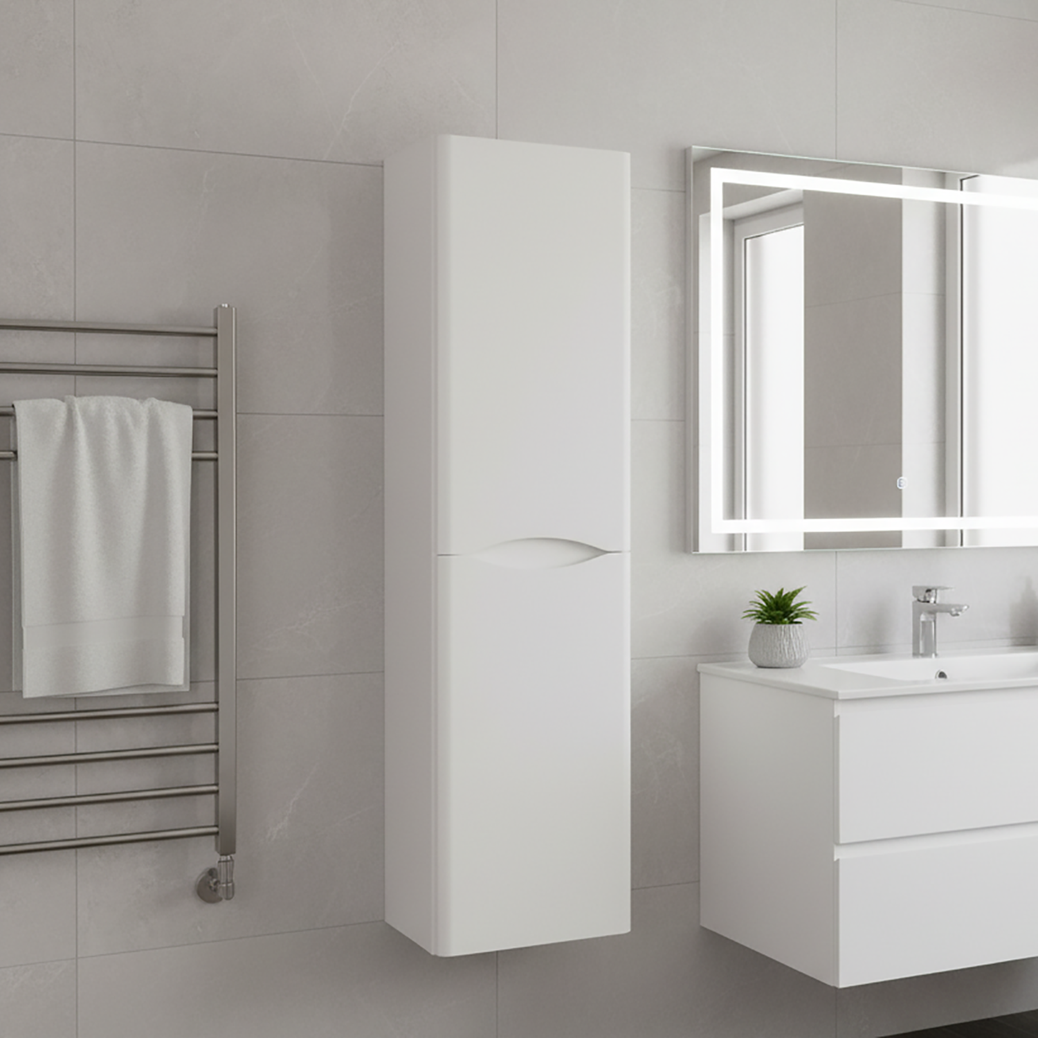 Wall Hung Tall Bathroom Storage Cabinet – 1400 x 350mm Cashmere