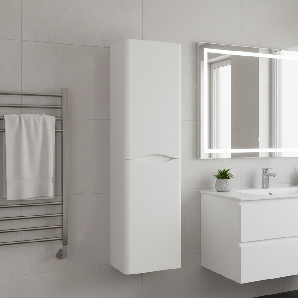 Wall Hung Tall Bathroom Storage Cabinet – 1400 x 350mm Cashmere