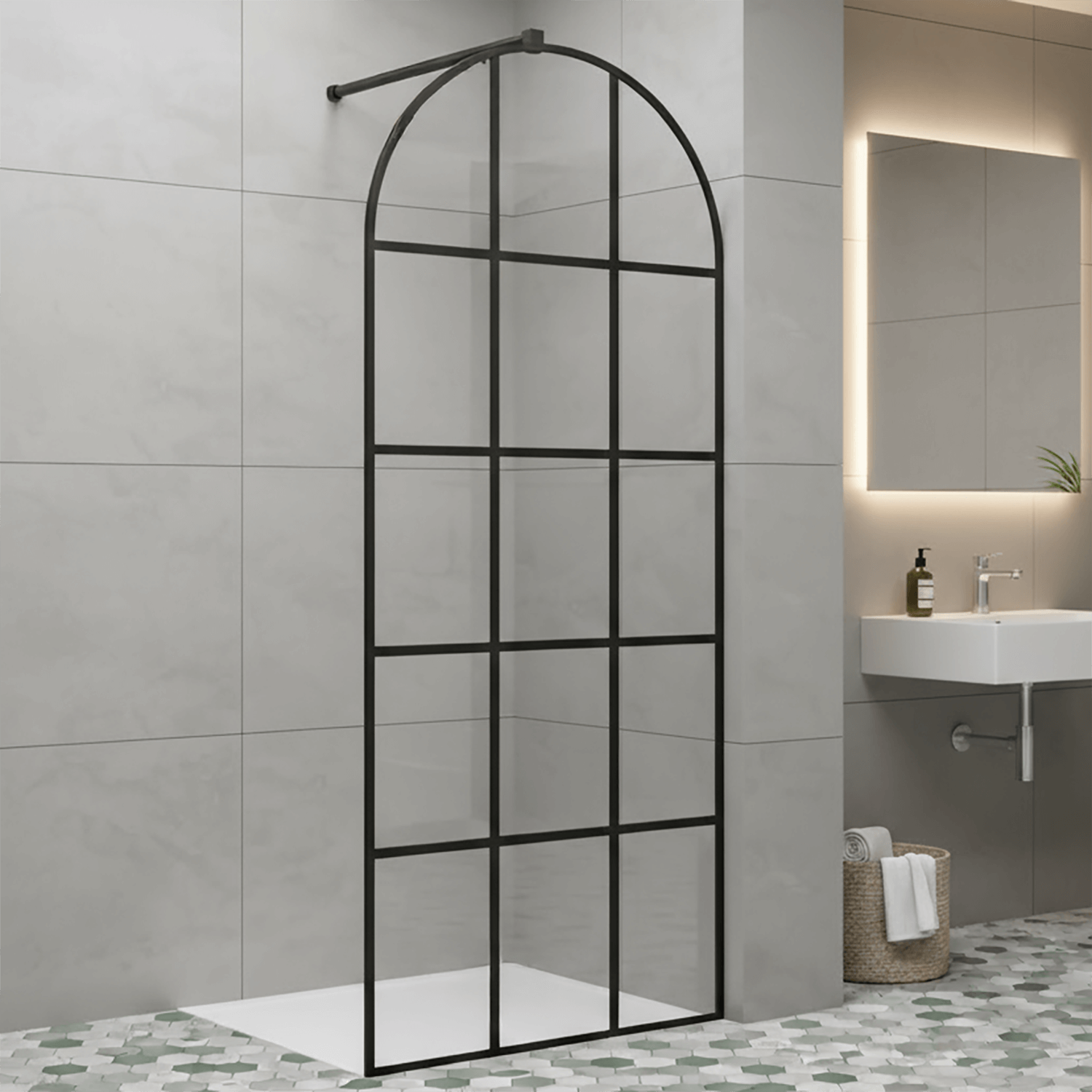 Crittall Arched Grid Wet Room Shower Screen 8mm Black Glass