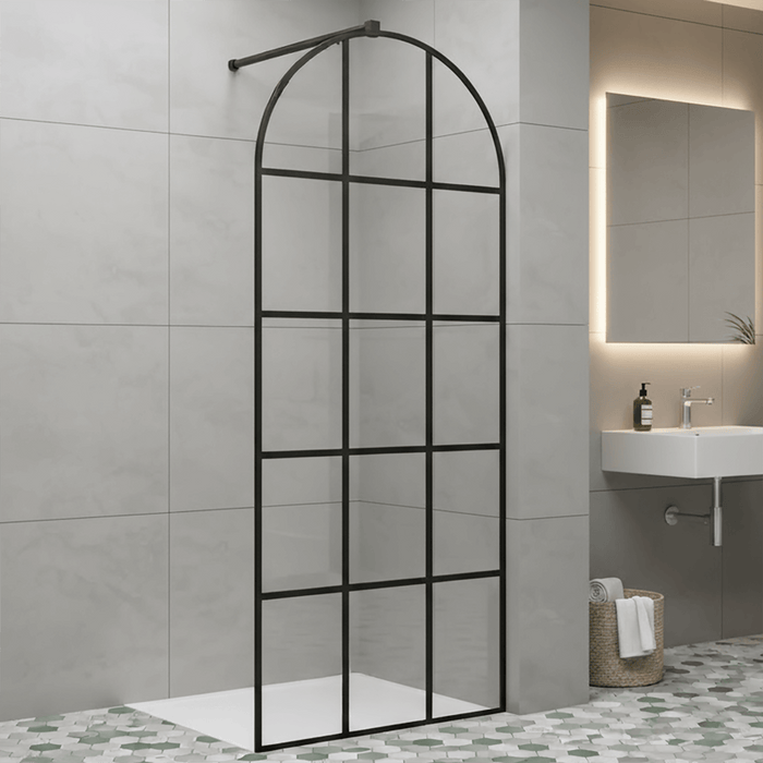 Crittall Arched Grid Wet Room Shower Screen 8mm Black Glass