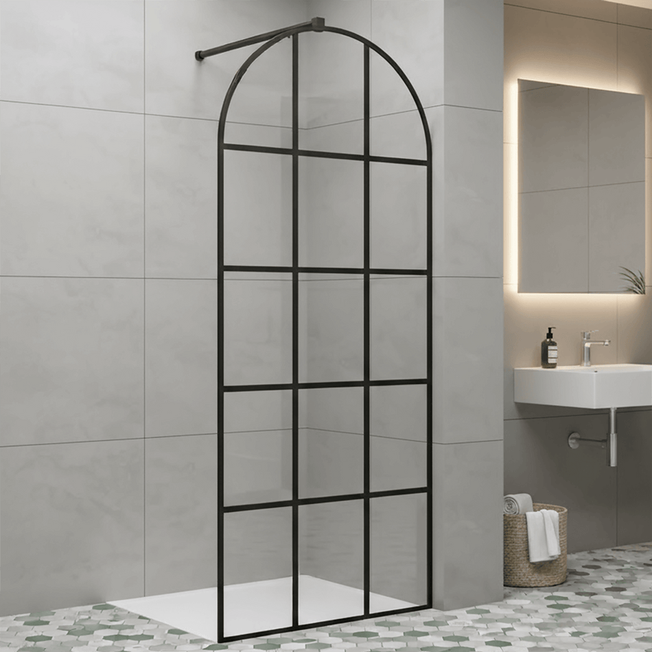 Crittall Arched Grid Wet Room Shower Screen 8mm Black Glass