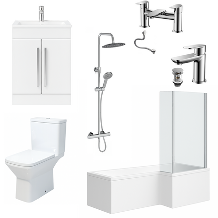 Complete Bathroom Suite RH 1700 L Shape Shower Bath L Screen White Vanity & Basin, Square Toilet, Taps Waste Chrome