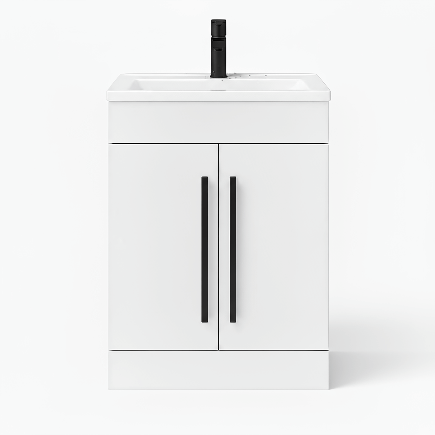 Gloss White 600mm Floor Standing Vanity Unit with Ceramic Basin & Matt Black Handles