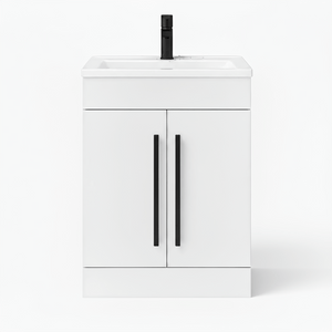 Gloss White 600mm Floor Standing Vanity Unit with Ceramic Basin & Matt Black Handles