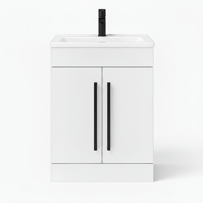 Gloss White 600mm Floor Standing Vanity Unit with Ceramic Basin & Matt Black Handles