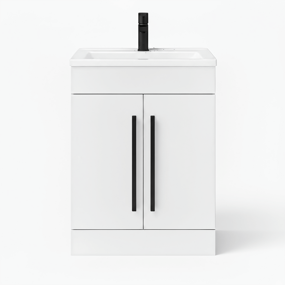 Gloss White 600mm Floor Standing Vanity Unit with Ceramic Basin & Matt Black Handles