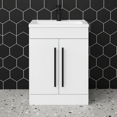 Gloss White 600mm Floor Standing Vanity Unit with Ceramic Basin & Matt Black Handles