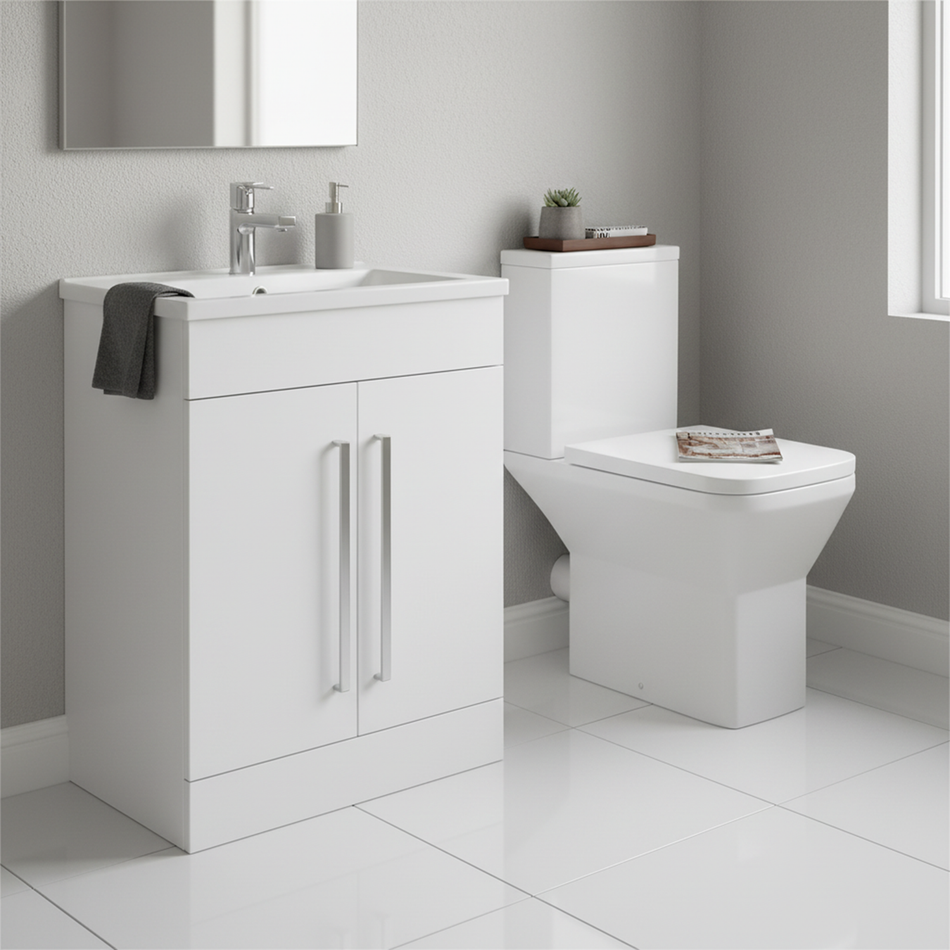 Elite Close Coupled Toilet & 600mm White Vanity Chrome Handles