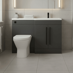 Matt Grey (LH) Combination Basin WC Unit & Marbella BTW Toilet 1100mm Black Handles & Square Flush Plate