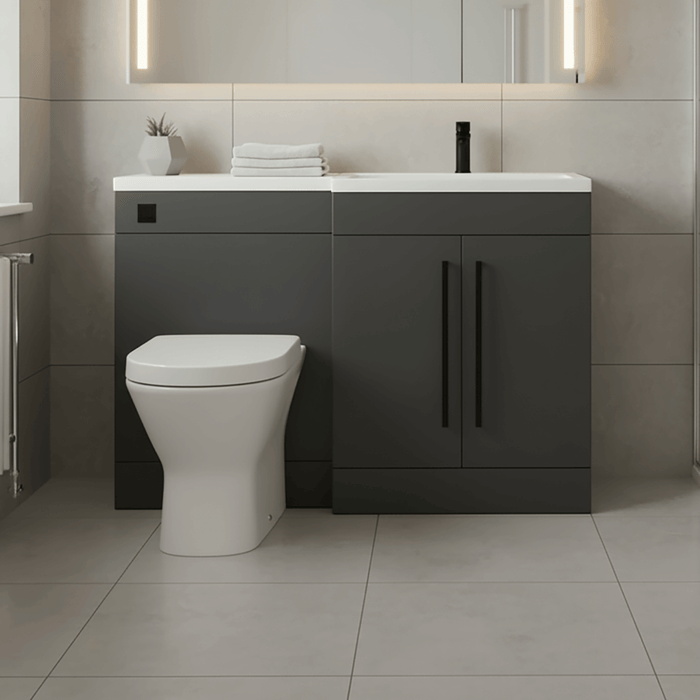 Matt Grey (LH) Combination Basin WC Unit & Marbella BTW Toilet 1100mm Black Handles & Square Flush Plate