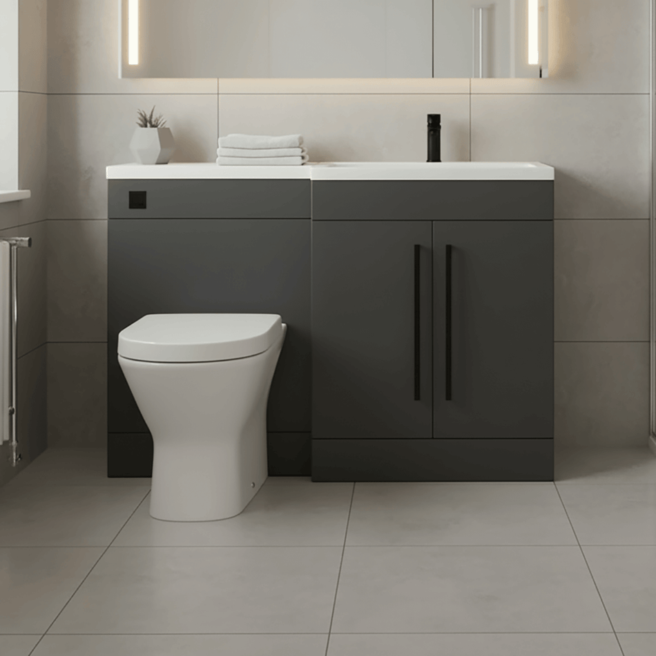 Matt Grey (LH) Combination Basin WC Unit & Marbella BTW Toilet 1100mm Black Handles & Square Flush Plate
