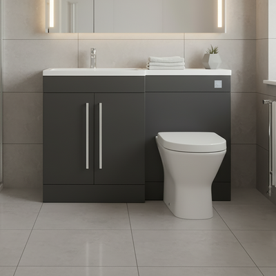 Matt Grey (LH) Combination Basin WC Unit & Marbella BTW Toilet 1100mm Chrome Handles & Square Flush Plate