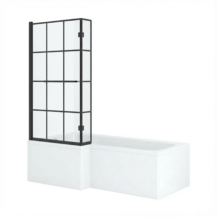 L-Shape Square Shower Bath LH  with Black Grid Bath Screen