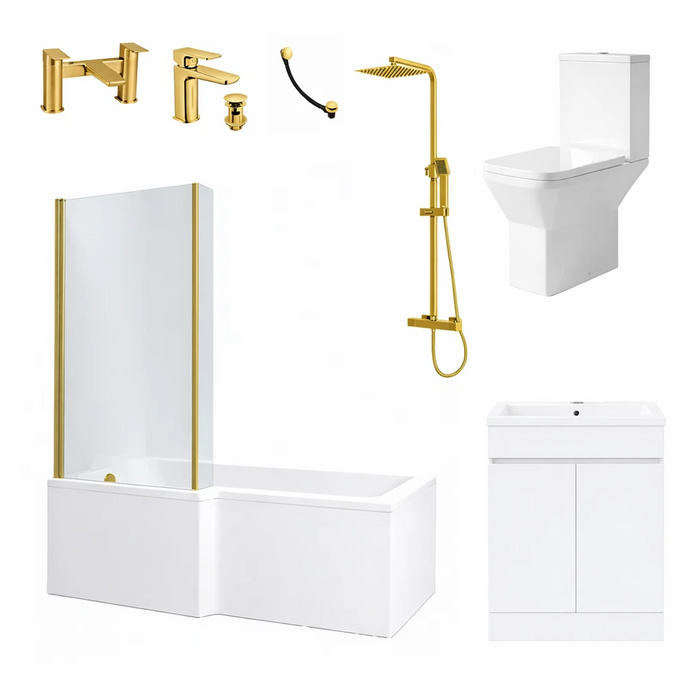 1500mm LH L-Shape Shower Bath Suite with Brushed Brass Screen & 500mm White Vanity