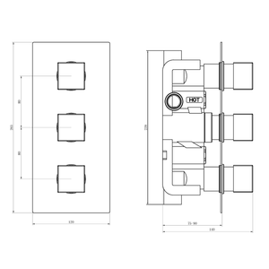 Concealed Thermostatic Shower Valve 3 Outlet 3 Handle Square Chrome