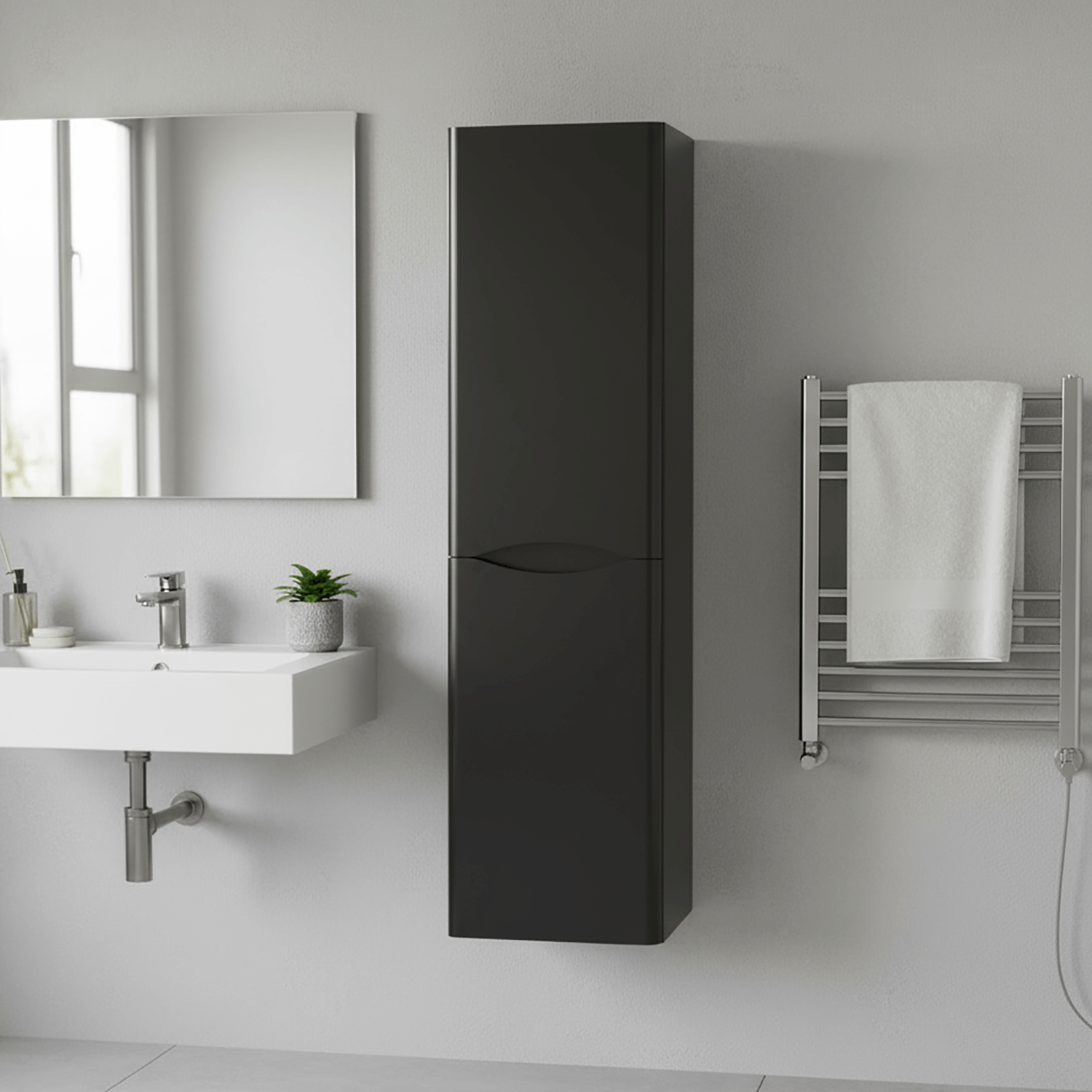 Wall Hung Tall Bathroom Storage Cabinet – 1400 x 350mm Matt Black