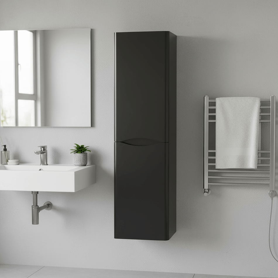 Wall Hung Tall Bathroom Storage Cabinet – 1400 x 350mm Matt Black