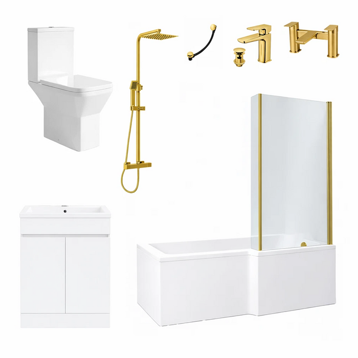1700mm RH L-Shape Shower Bath Suite with Brushed Brass Screen & 500mm White Vanity