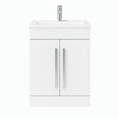Gloss White 600mm Floor Standing Vanity Unit with Ceramic Basin & Chrome Handles